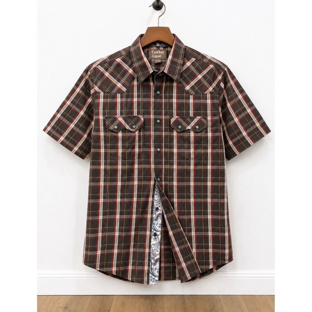 Cowboy Legend Men's Western Pearl Snap Shirt XL Brown Plaid Short Sleeve